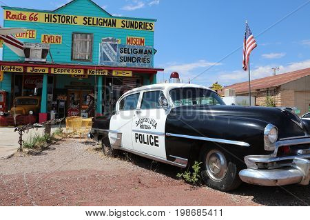 Seligman, USA - July 7, 2017: Decorations in the city of Seligman in Arizona at the historic Rooute 66 on July 7, 2017. The historic route 66 is now Freeway 40.