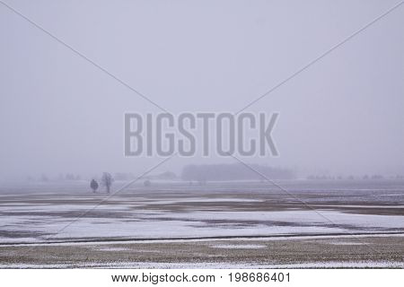 Wide snow blown farmland landscape with two small bare trees in the distance in Akwesasne, New York on an overcast blustery day in February.