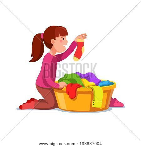 Little girl kid doing housework chores sorting dirty laundry in clothes basin. Flat style character vector illustration isolated on white background.