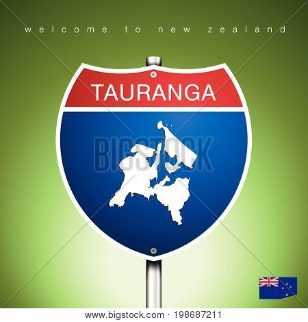 An Sign Road America Style with state of New Zealand with green background and message TAURANGA and map vector art image illustration