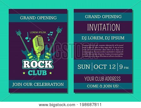 Vector invitation card template opening rock music club with vintage music logo, badge with guitars and microphone. Rock guitar concert, musical show party and festival banner illustration