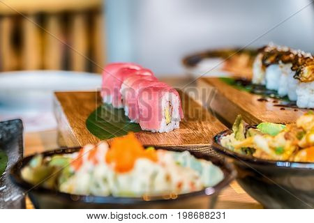 Different array of fresh sushi.food in japan