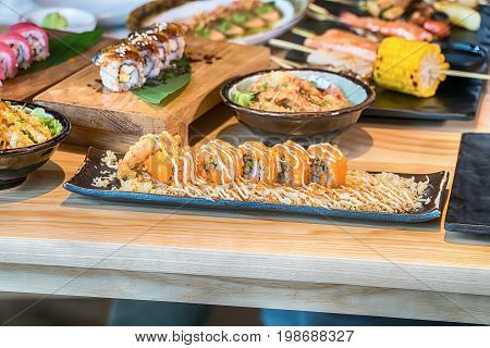 Different array of fresh sushi.food in japan