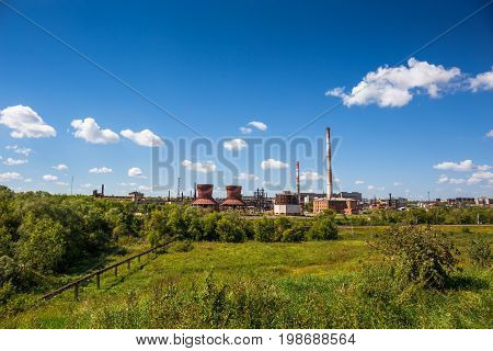 Plant for the production of synthetic rubber in Efremov, Russia, the factory on nature background landscape