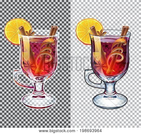 Mulled wine. Black and white outline. Autumn drink. Christmas holiday alcoholic cocktail. Vector. Transparent illustration. Separate ingredients. Anise star, cinnamon sticks, orange, wine and cloves