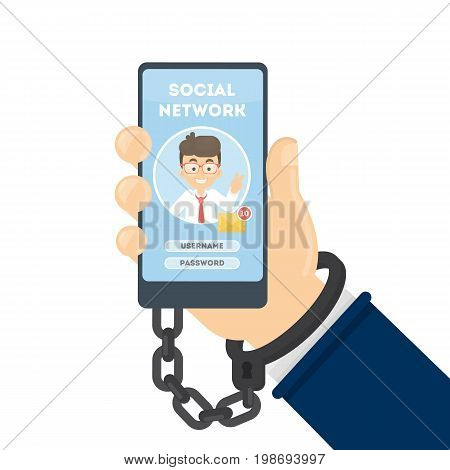 Social networking addiction. Hand bounded to smartphone.