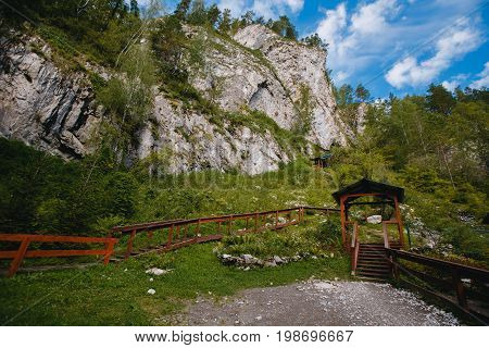 tavdinskiye peshchery Tavda caves , Russia, mountain Altai, Siberia. Concept travel to Russia, places of power,