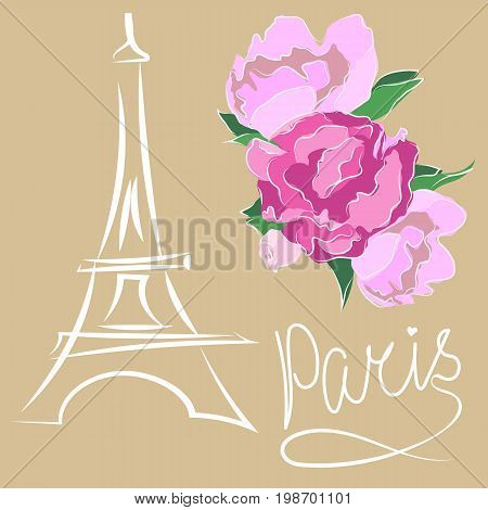Paris text with eiffel tower and flower. Romantic postcard from Paris. Vector illustration.