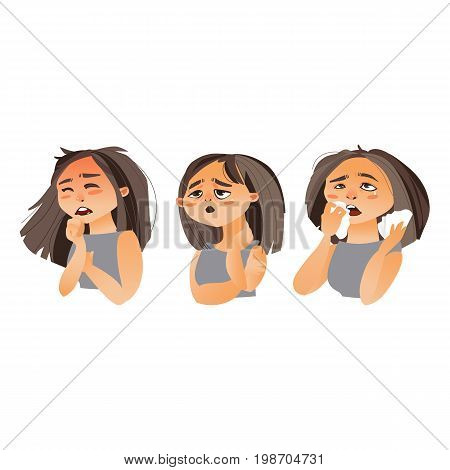 Woman having flu symptoms - fatigue, runny nose, cough, cartoon vector illustration isolated on white background. Portrait of girl, woman with flu, influenza symptoms, fatigue, rhinitis, cough