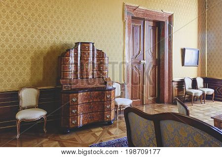 VALTICE, THE CZECH REPUBLIC - JUNE 31, 2017: Valtice castle in Czech republic. National cultural monument, originally a gothic castle and former residence of Liechtenstein family. Castle is listed on the UNESCO World Cultural Heritage list.