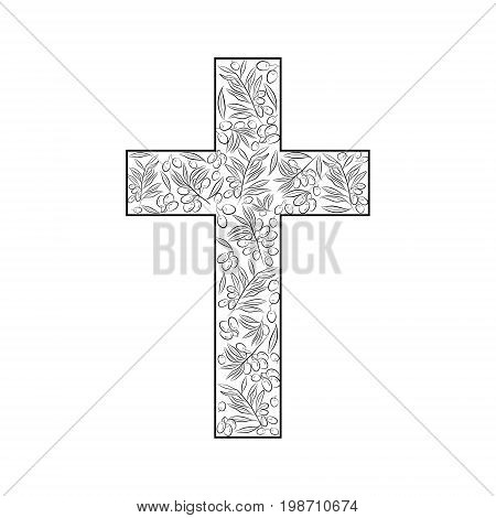 The Latin cross of the crucifix filled with the branches and fruits of the olive tree as a symbol of eternal peace in Christian religion. Vector design.