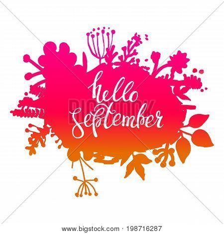 Autumn foliage abstract vector banner. Typographic greeting card design. Hello September.