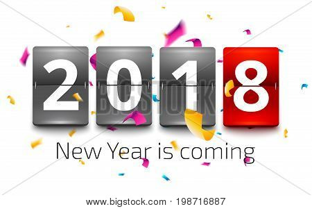 Happy New Year 2018. New year party flip clock counter. Red flip clock with number 2018 on confetti explosion background. New year is coming vector illustration