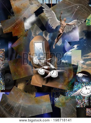 Surrealism. Man's head with opened door to another world. Naked man with wings represents angel. Winged clocks symbolizes flow of time.   3D rendering  Some elements provided courtesy of NASA
