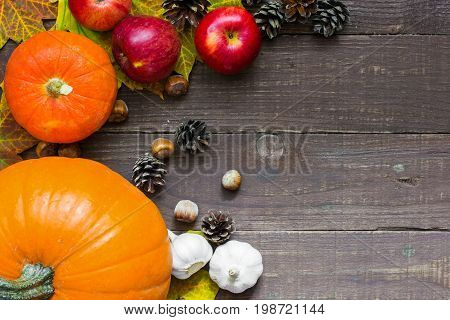 thanksgiving background with pumpkin apples acorns garlic and fall leaves on the old wooden background. autumn background with seasonal vegetables and fruits. Abundant harvest concept