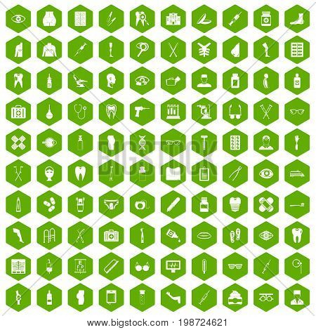 100 pharmacy icons set in green hexagon isolated vector illustration