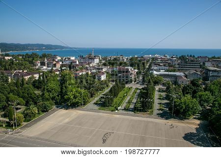 Aerial view of independance square in Sukhum, Abkhazia in summer