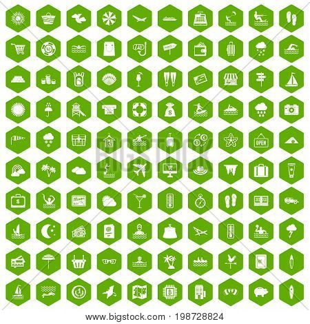 100 seaside resort icons set in green hexagon isolated vector illustration
