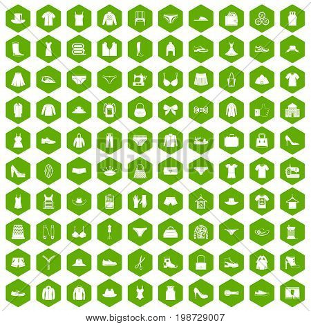 100 sewing icons set in green hexagon isolated vector illustration