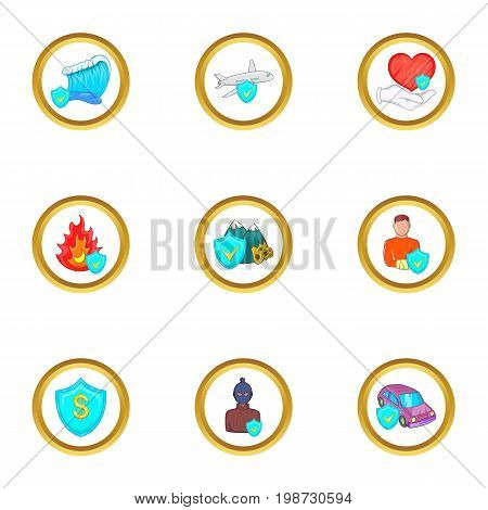 Natural disaster insurance icon set. Cartoon set of 9 natural disaster insurance vector icons for web isolated on white background