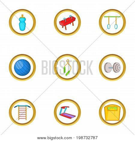 Fitness equipment icon set. Cartoon set of 9 fitness equipment vector icons for web isolated on white background