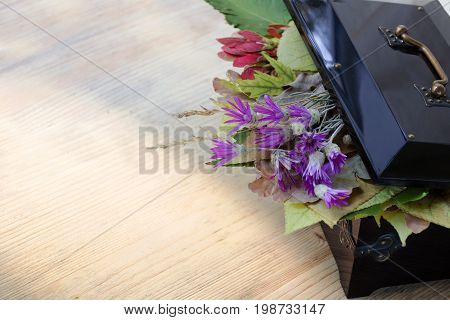 Autumn composition - a vintage box with an open lid under which autumn leaves and wildflowers. Wooden background. Side view. Copy space