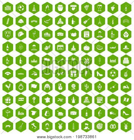 100 wine icons set in green hexagon isolated vector illustration