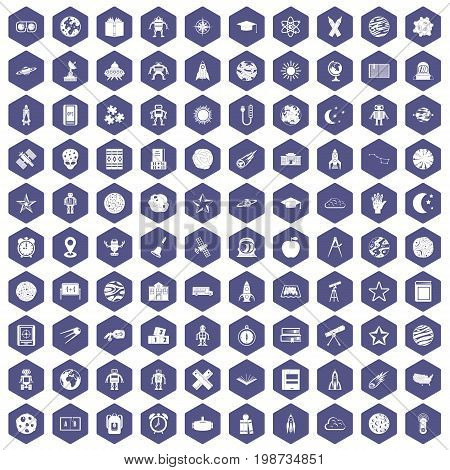 100 astronomy icons set in purple hexagon isolated vector illustration
