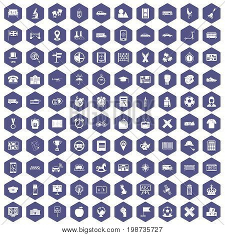 100 bus icons set in purple hexagon isolated vector illustration