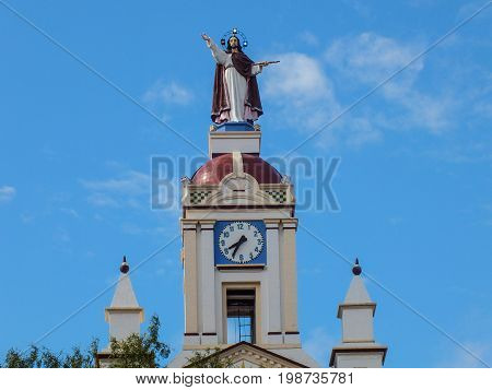 Bell Tower and Clock of Village Church in Cotacach,i Ecuador