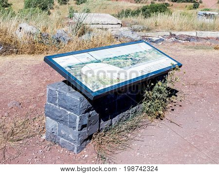 Golan Heights near to Qatsrin city Israel July 29 2017 : The explanatory stand on which the map is drawn is on a hill in the Golan Heights in Israel