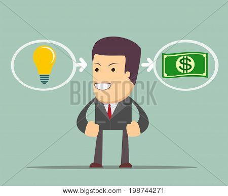 A concept of consulting services- where ideas are equal to money. Stock vector illustration for poster, greeting card, website, ad, business presentation, advertisement design.