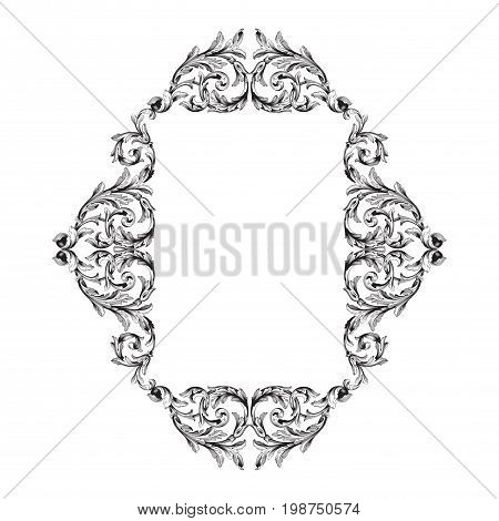 Vintage baroque frame scroll ornament engraving border floral retro pattern antique style acanthus foliage swirl decorative design element filigree calligraphy vector | damask - stock vector