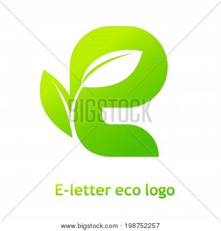 E letter eco logo isolated on white background. Organic bio logo with a leaf of sprout grass for corporate style of company or brand on letter E.