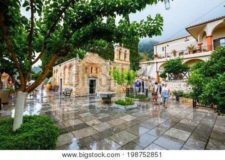 Kera, Crete Island, Greece - June 08, 2017: Unidentified People Visit Ancient Monastery Kera Kardiot