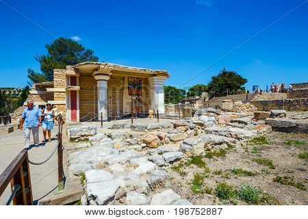 Knossos, Crete, June 10, 2017: Scenic Ruins Of The Minoan Palace Of Knossos. Knossos Palace Is The L