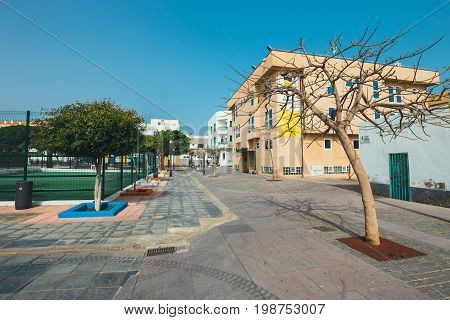 Coralejo, Fuerteventura Island, Spain - April 03, 2017: Street View Of Corralejo With Bars And Resta