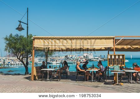 Coralejo, Fuerteventura Island, Spain - April 03, 2017: Street View Of Corralejo With Bars And Resta
