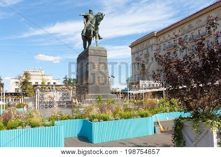 MOSCOW - AUGUST 7: Yuri Dolgoruky monument and flower beds in Tverskaya Square on August 7 2017 in Moscow. Flower beds were installed during 