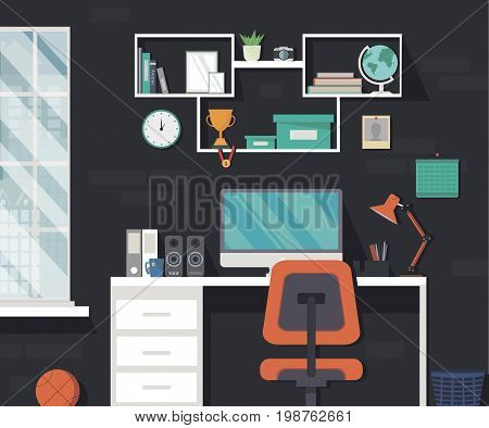 Modern home workspace. Room with window and long shadows in minimalist style. Flat design vector illustration.