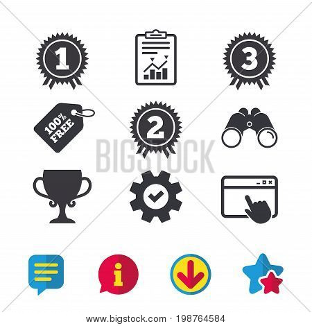 First, second and third place icons. Award medals sign symbols. Prize cup for winner. Browser window, Report and Service signs. Binoculars, Information and Download icons. Stars and Chat. Vector
