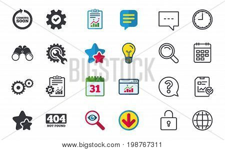 Coming soon rotate arrow icon. Repair service tool and gear symbols. Wrench sign. 404 Not found. Chat, Report and Calendar signs. Stars, Statistics and Download icons. Question, Clock and Globe