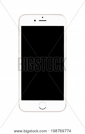 Varna Bulgaria - September 22 2016: Front view of Gold Apple iPhone 6S mockup with black screen. Isolated on white.