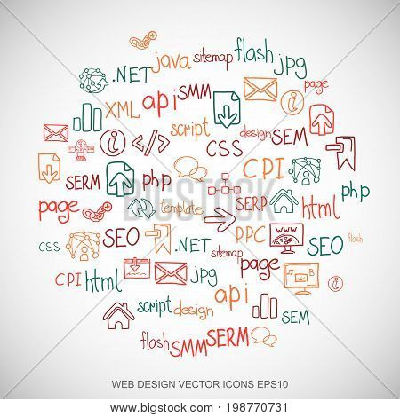 Multicolor doodles flat Hand Drawn Site Development Icons set In A Circle on White background. EPS10 vector illustration.