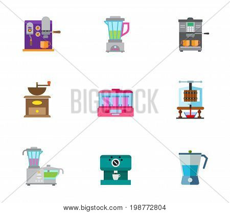 Drinks makers icon set. Coffee Machine Kitchen Blender Coffee Mill Yogurt Maker Machine Creating Wine Concept Food Processor