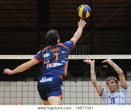 KAPOSVAR ฮังการี - 6 พฤศจิกายน: Flajs (1) นัดลูกที่ ga เป็นวอลเล่ย์บอลลีกยุโรปกลาง