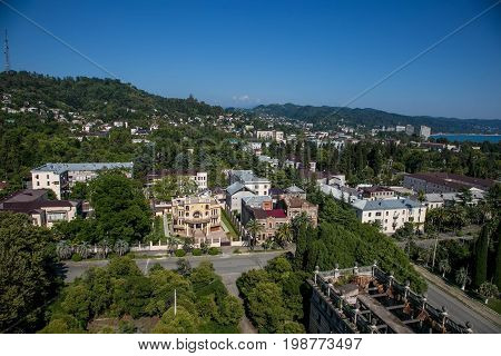 Day aerial cityscape of Sukhum, Abkhazia in summer