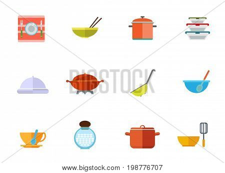 Kitchen utensils icon set. Plate With Fork And Knife Bowl With Chopsticks Saucepan Lunchboxes Set Cloche Colander Cup With Spoon Millet Jar Bowl And Whisk