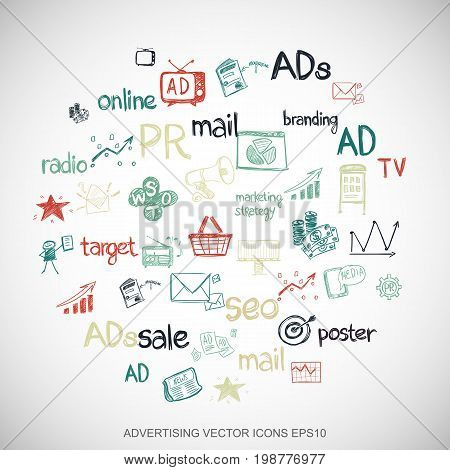 Multicolor doodles flat Hand Drawn Marketing Icons set In A Circle on White background. EPS10 vector illustration.