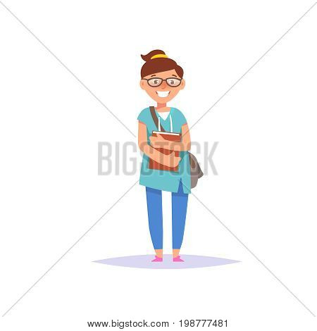 Vector illustration icon elementary school girl colorful clothes with textbook and backpack isolated white background. Cartoon style